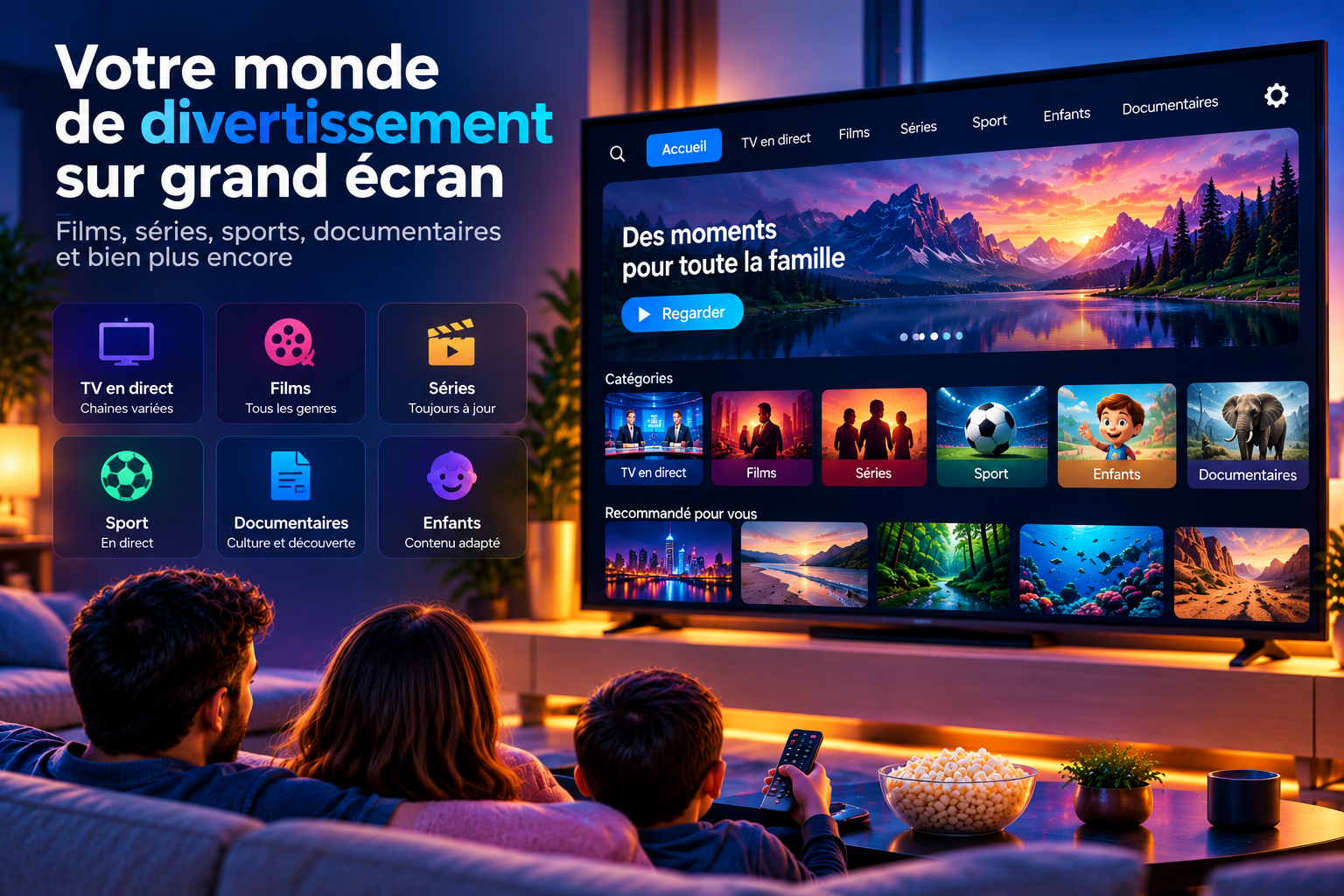Une famille regarde la television sur grand ecran